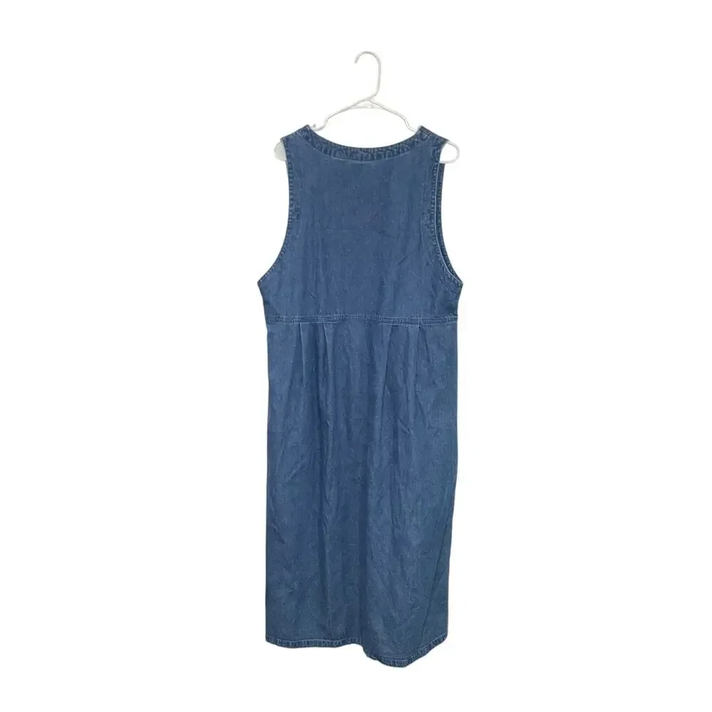 VTG 90s Denim Button-Front Midi Dress Cotton Sleeveless Sz Large V-Neck Teacher - Picture 2 of 6